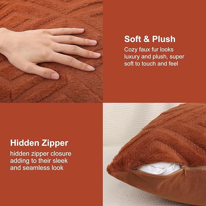 Pallene Rust Throw Pillow Covers 24x24 Set of 2, Soft Plush Faux Fur Decorative Couch Pillow Covers for Sofa Bed Living Room Pillow Cases with 3D Diamond Pattern