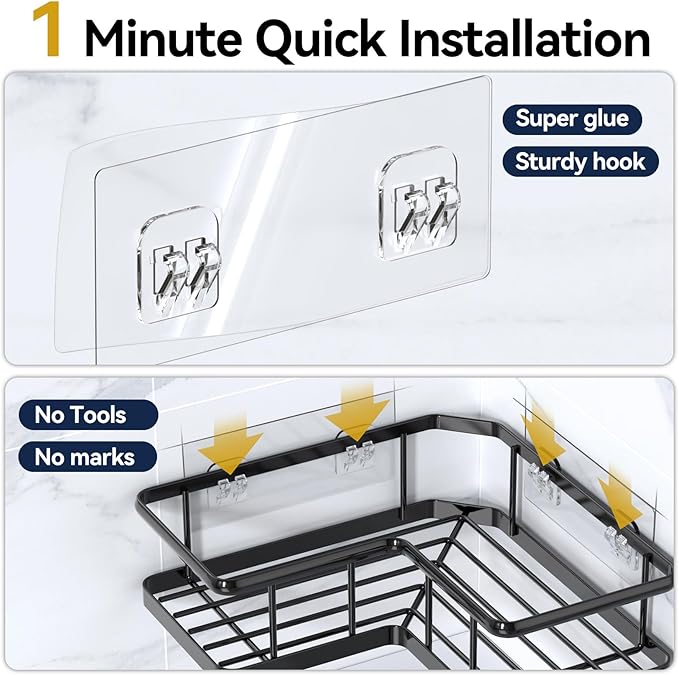 YASONIC Corner Shower Caddy Organizer, 3-Pack Adhesive Rustproof Stainless Steel Shower Shelves with Soap Holder, No Drilling Shower Storage Rack for Family Renters Bathroom, Black