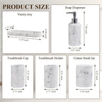 Bathroom Accessories Set, 6-Piece Bathroom Accessory Set, Toothbrush Holders Set, Soap Dispenser, Vanity Tray, Tumbler, Cotton Swab Jars, Bathroom Organizer for Modern Bathrooms (Marble White)