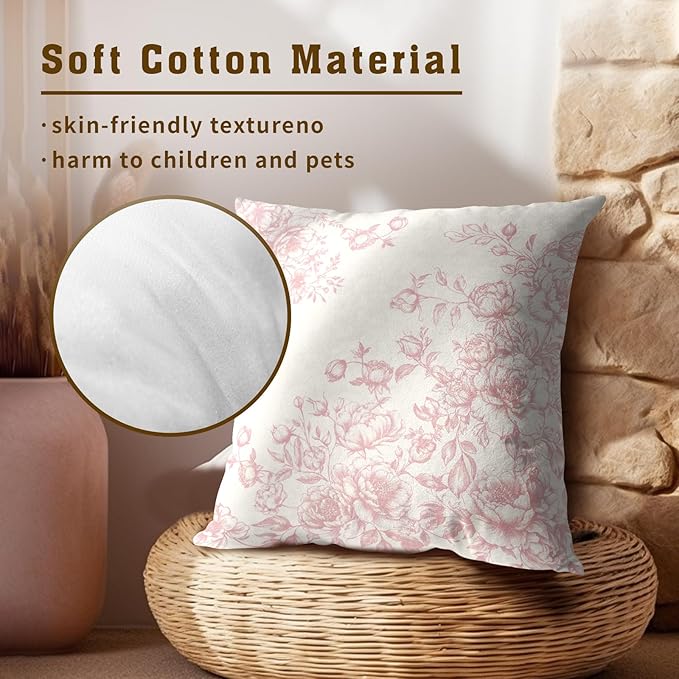 Chinoiserie Flowers Throw Pillow Covers 18x18 Set of 2, Light Pink Floral Vintage Farmhouse Throw Pillow Case Square Cushion Cover for Home Couch Sofa Bed Outdoor Decoration