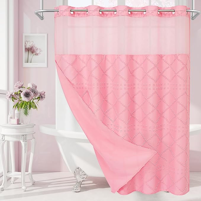 No Hooks Boho Pink Woven Fabric Shower Curtain 72 x 80 Modern Farmhouse, Tufted Chevron Striped Shabby Chic Textured, Minimalist Cloth Hookless Shower Curtains for Bathroom, Hotel Decor