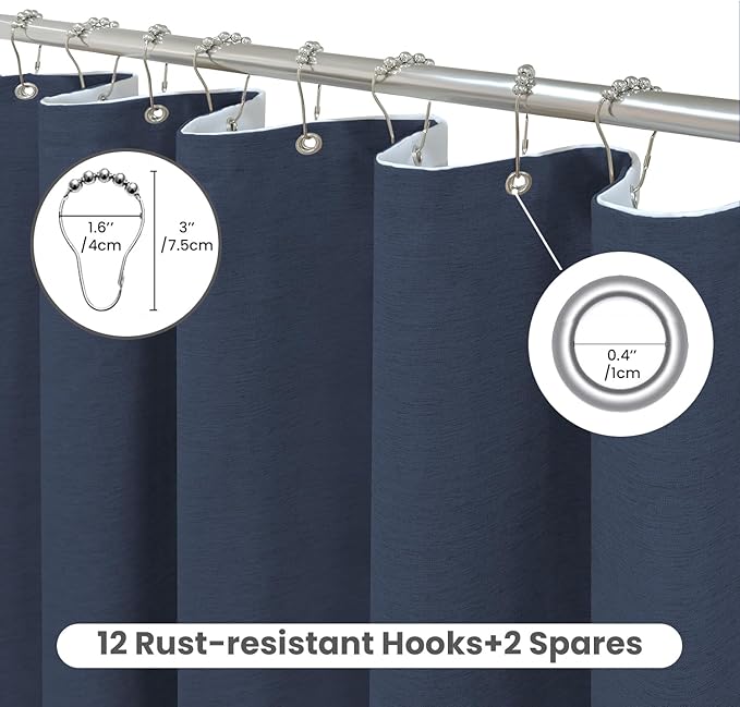 Inhousolu Boho Farmhouse Shower Curtain with Fabric Liner Set, Faux Linen Textured, 14 Metal Hooks Luxury Weighted Hem, Washable Wrinkle Free Bath Curtain for Hotel Bathroom 72" W x 78" L Navy Blue