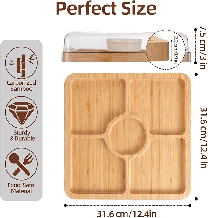 WILLKOMMEN Charcuterie Board with Lid- 5 Compartment Carbonized Bamboo Serving Tray with Locking Lid, Square Serving Platter Divided Serving Dishes for Party Cheese Snack Fruit