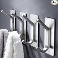 DELITON Adhesive Towel Hooks for Bathroom - 4 Pack Heavy Duty Stick on Wall Hooks, Waterproof Robe/Coat Hangers for Kitchen, Shower (Silver, Stainless Steel)