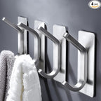 DELITON Adhesive Towel Hooks for Bathroom - 4 Pack Heavy Duty Stick on Wall Hooks, Waterproof Robe/Coat Hangers for Kitchen, Shower (Silver, Stainless Steel)