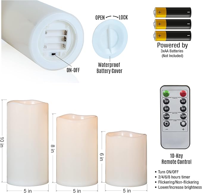 6" 8" 10" x 5" Waterproof Outdoor Flameless Candles Battery Operated LED Flickering Pillar Candles with Remote and Timer for Indoor Outdoor Lanterns, Long Lasting, Ivory White Large, Set of 3