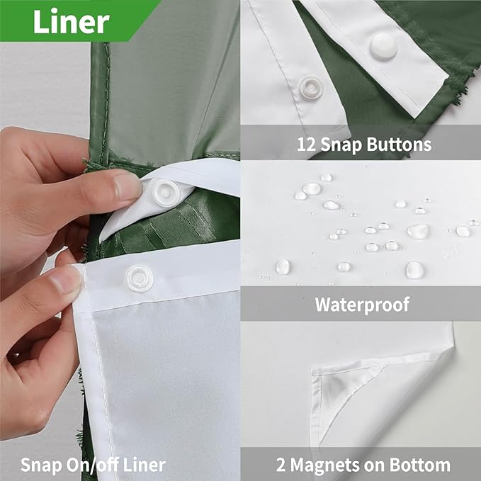 No Hook Shower Curtain and Liner Set,No Hook Tufted Striped Textured Shower Curtain with Snap in Liner Replacement and Waterproof Fabric,Boho Style with See Through Top Window,DarkGreen,71Wx98H