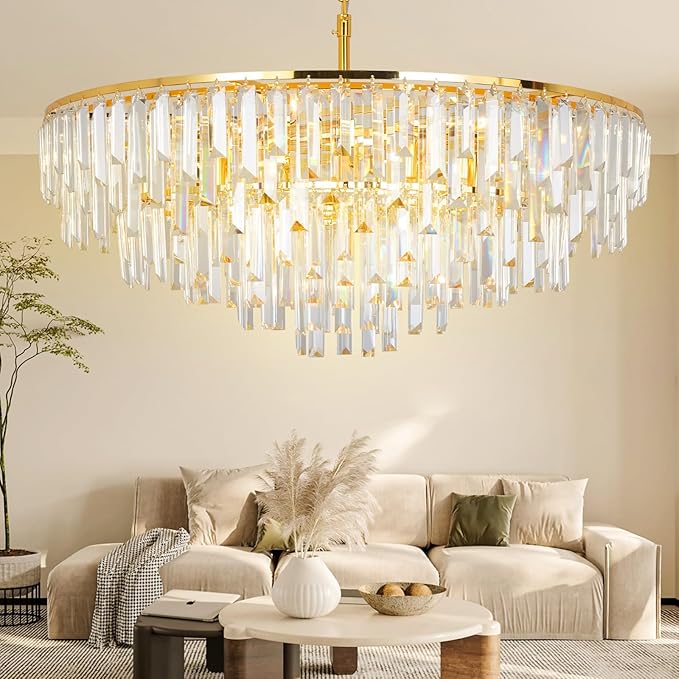 Gold Modern Round Top K9 Crystal Chandelier Lighting Fixture, 13 Lights Round K9 Crystal Adjustable Hanging Lamp for Dining Room Bedroom Living Room,Hallway,Bar,Kitchen W31''