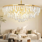 Gold Modern Round Top K9 Crystal Chandelier Lighting Fixture, 13 Lights Round K9 Crystal Adjustable Hanging Lamp for Dining Room Bedroom Living Room,Hallway,Bar,Kitchen W31''