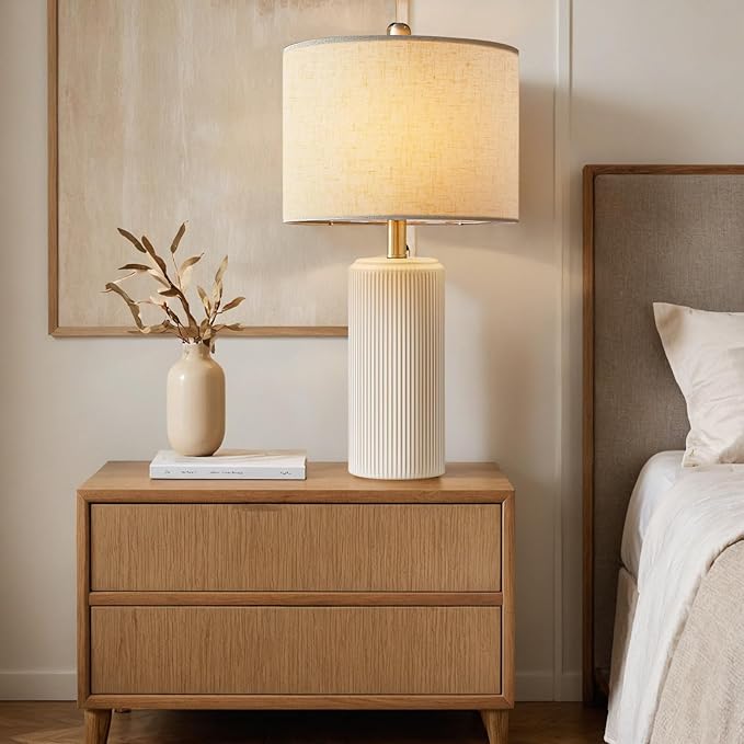 23" Ceramic Table Lamp Set of 2, 3-Level Dimmable Farmhouse Bedside Lamps for Bedroom, Nightstand Lamps for Living Room, Rustic End Table Desk Lamps with Rocker Switch, LED Bulb Included