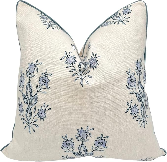“The Mary” Periwinkle Floral Block Print Pillow Cover – Blue and Off-White Decorative Throw Pillow Cover – Grandmillennial Home Decor, 26" x 26"
