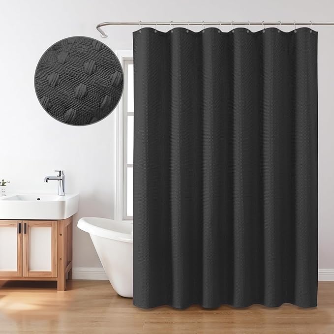Inhousolu Fabric Shower Curtain Waffle Weave, 230 GSM Heavy Duty, Weighted Hem, 14 Metal Hooks, Water Repellent, Machine Washable, Hotel Spa Luxury Bath Curtain Set, 72 x 96 Inch, Black