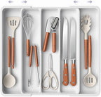 Aujen Silverware Organizer - Expandable Utensil Drawer Organizer with Non-Slip Pads, Adjustable Kitchen Drawer Organizer For Home, Apartment and Kitchen Essentials, White, 13.6" x 1.4" x 11.0"~19.9"