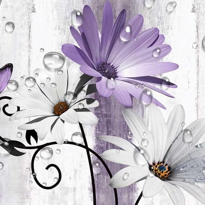 Rustic Farmhouse Shower Curtain, Farm Purple Daisy Floral Flowers and Butterfly on Country Wooden Shower Curtain for Bathroom, Violet Grey Bathroom Shower Curtains with 12PCS Hooks, 70X75IN