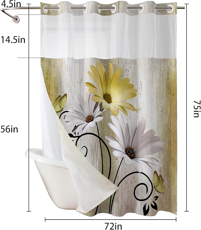 Muuyi Yellow Watercolor Floral Shower Curtain,No Hook Shower Curtain,Polyester Shower Curtains with Snap in Fabric,Sheer Top Window for Bathroom Decor,Waterproof & Washable,72x75 Inch