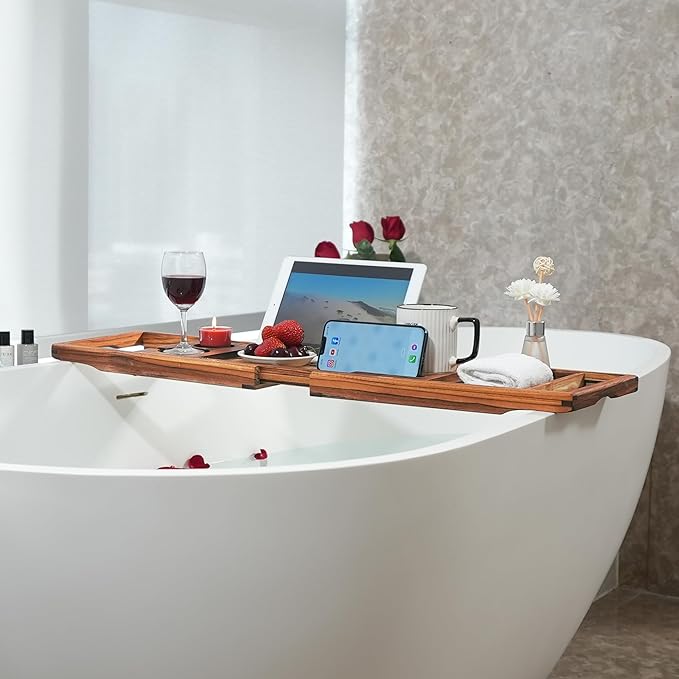 VaeFae Premium Teak Bathtub Tray, Expandable Wooden Bath Tray for Tub, Luxury Bathtub & Bathroom Accessories, Great House Warming, Anniversary & Wedding and Birthday Gifts (Free Teak Body Brush)