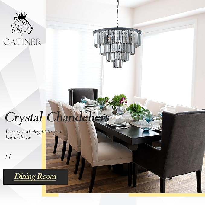 24”Modern Black Crystal Chandeliers Ceiling Round Smoke Gray Crystal Chandelier Luxury 4-Tier 12 Lights Pendant Light Fixture Contemporary for Dining Room Foyer Staircase Living Room