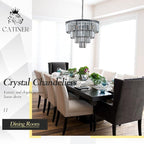 24”Modern Black Crystal Chandeliers Ceiling Round Smoke Gray Crystal Chandelier Luxury 4-Tier 12 Lights Pendant Light Fixture Contemporary for Dining Room Foyer Staircase Living Room