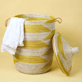 Large Yellow Basket - Organize Bedroom, Living Room, Nursery - Laundry Hamper, Toy Bin, Blanket Storage, Towels Holder - Decorative, Boho Style - Wicker, Woven, Lid, Handles