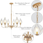6-Light Farmhouse Brass Gold vintage Chandelier 23.6 Inch - Rustic Industrial Iron Candle Hanging with Clear Glass Shades - Dining Room Lighting Fixture for Hallway, Living Room, Foyer, Kitchen Island