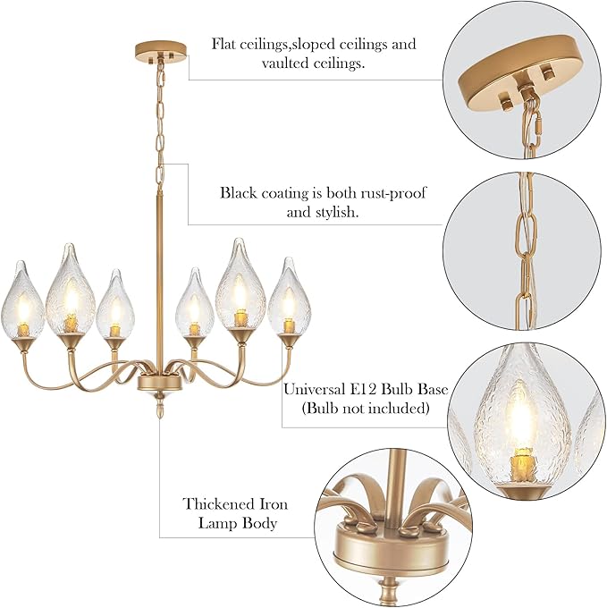 6-Light Farmhouse Brass Gold vintage Chandelier 23.6 Inch - Rustic Industrial Iron Candle Hanging with Clear Glass Shades - Dining Room Lighting Fixture for Hallway, Living Room, Foyer, Kitchen Island
