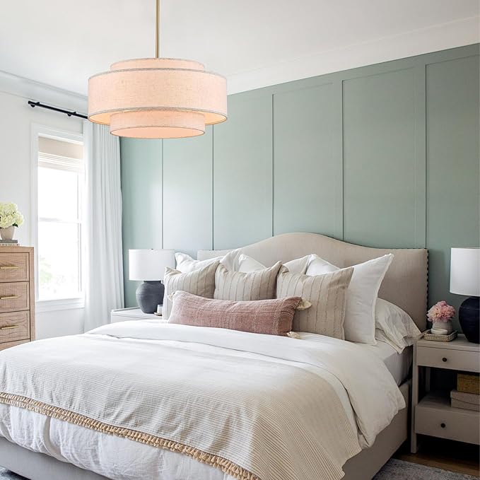 Modern 19.7" Drum Chandelier 4-Lights Vintage Modern Chandelier Light Fixture with Linen Shade Retro Farmhouse Drum Chandeliers for Dining Room, Kitchen Island, Living Room, Bedroom