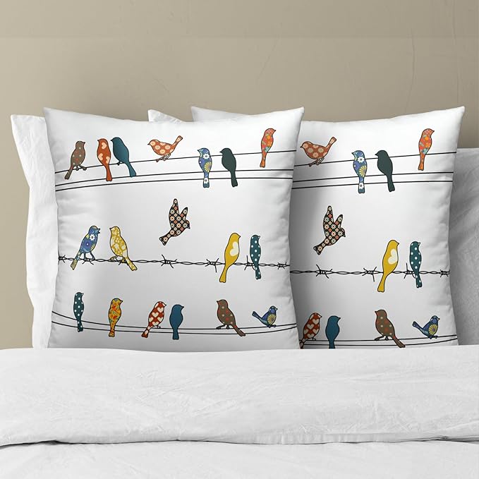 Birds Throw Pillow Covers 16 x 16 Inches Set of 2 Rustic Farmhouse Vintage Rowley Bird Print Multicolor Cotton Linen Pillowcase for Couch Sofa Car Office Decoration