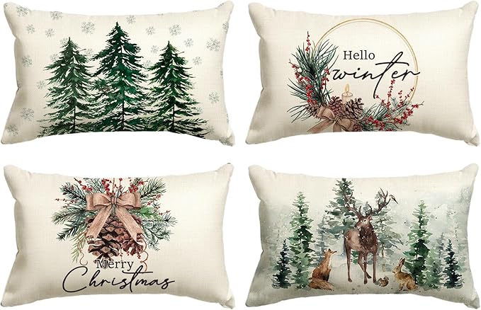 AVOIN colorlife Merry Christmas Trees Reindeer Snowflake Throw Pillow Covers, 12 x 20 Inch Xmas Red Berries Hello Winter Holiday Cushion Case Decoration for Sofa Couch Set of 4
