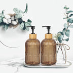 Amber Glass Soap Dispenser with Pump, 2 Pack 13.5oz Vertical Stripe Design Hand Soap Dispenser for Hand Wash, Dish Wash, Elegant Dispenser for Bathroom and Kitchen