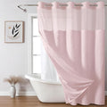 no Hook Shower Curtain and Liner Set，Boho Style with See Through Top Window, Pink Fabric Tufted Striped Textured Outer Curtain & Waterproof Inner Liner, Pink, 71Wx98H