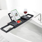 Utoplike Bamboo Bathtub Tray Black, Adjustable Bath Caddy Table for Tub, Bathroom Organizer with Book Tablet Wine Glass Cup Towel Holder