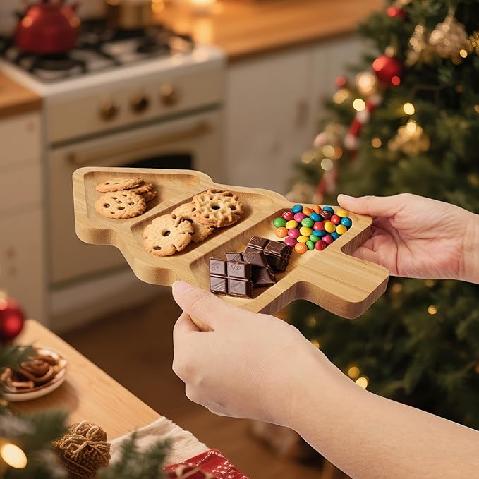 TJ POP Christmas Tree 3-Compartment Serving Platter - 12” x 9” Snack & Dessert Wooden Food Tray, Natural Bamboo Serving Tray Cute Charcuterie Board for Holiday Parties, Cheese, Fruits, Candy Display