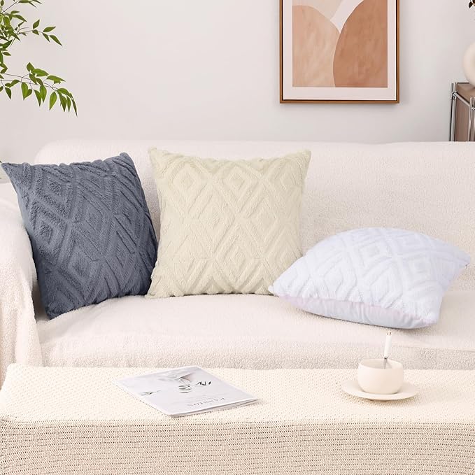 Pallene Pure White Throw Pillow Covers 22x22 Set of 2, Soft Plush Faux Fur Decorative Couch Pillow Covers for Sofa Bed Living Room Pillow Cases with 3D Diamond Pattern