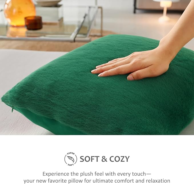 Pallene Faux Fur Plush Christmas Throw Pillow Covers 22x22 Set of 2, Soft Fluffy Couch Pillow Covers for Living Room, Christmas Green