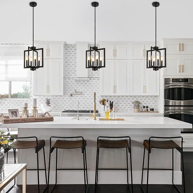 4-Light Black Farmhosue Chandelier For Entryway, Dining Room Chandelier Over Table, Modern Pendant Light Kitchen Island, Industrial Candle Lantern Light Fixture Kitchen, Bedroom, Stairway, Foyer