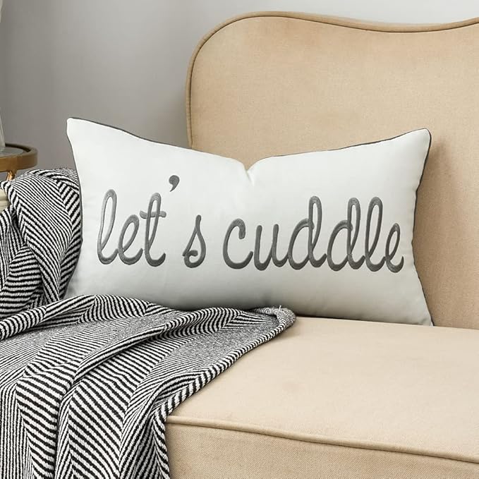 Sunkifover Decorative Rectangle Pillow Covers 12x20 Inches, Soft Solid Lumbar Pillowcase, Embroidered Rectangular Cushion Covers with Let's Cuddle Quote for Bed, Bedroom (Color Grey)