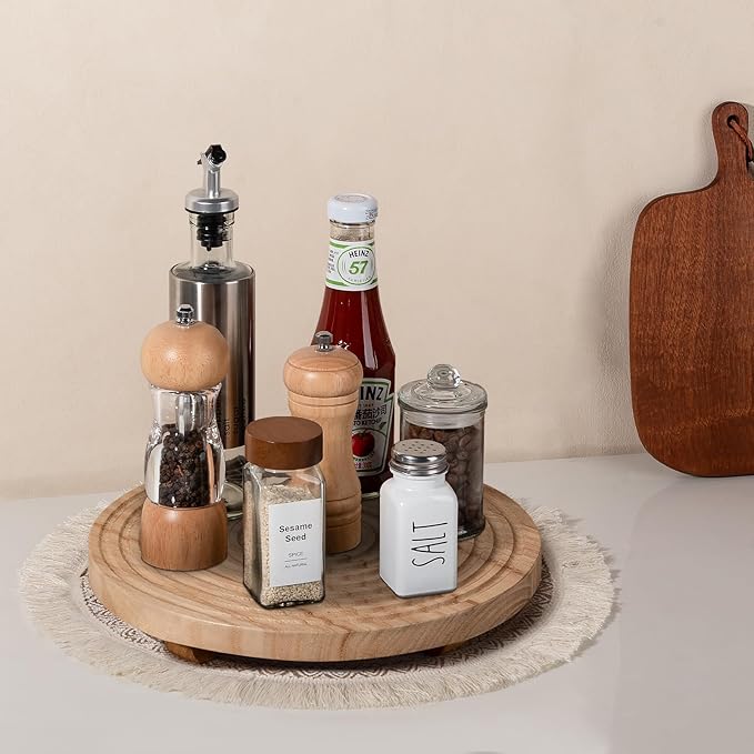 Round Decorative Tray Framhouse Bathroom Decor Wood Riser Kitchen Countertop Organizer for Perfume, Candle, Plant, 12 inch Burlywood