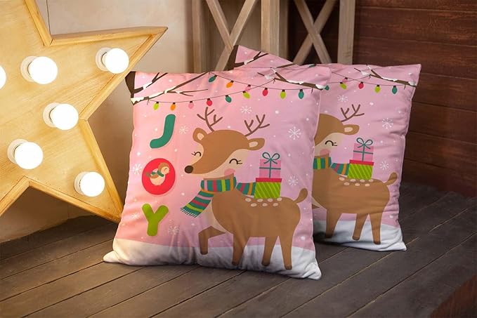 CAPSCEOLL 2PCS Pink Deer Bedroom Pillow Covers 16X16Inch Christmas Cute Reindeer Bird Gift Box Joy Bulb Tree Merry New Year Pillow Covers Decorative for Bedroom Sofa Living Room Bedroom Pillow Covers