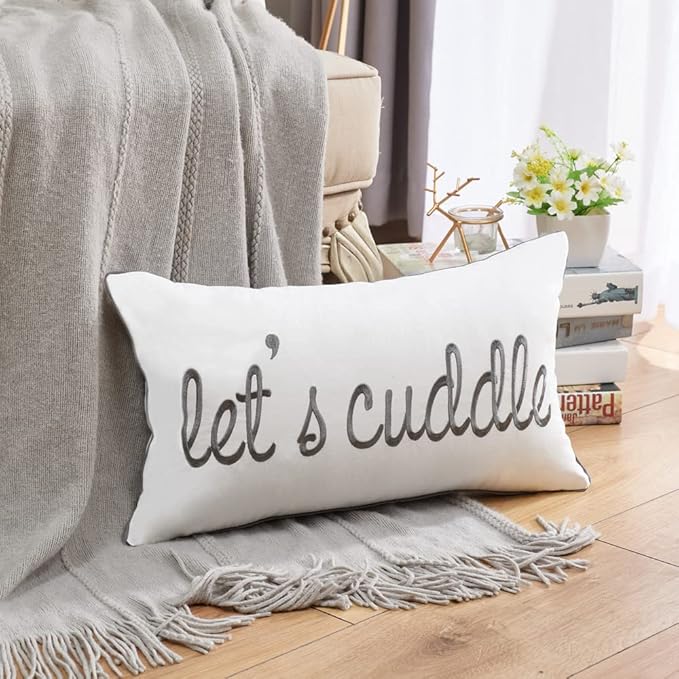 Sunkifover Decorative Rectangle Pillow Covers 12x20 Inches, Soft Solid Lumbar Pillowcase, Embroidered Rectangular Cushion Covers with Let's Cuddle Quote for Bed, Bedroom (Color Grey)