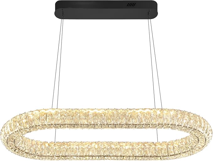 Oval Crystal Chandelier, 40'' Black Crystal Ring Pendant Light for Kitchen Island Modern Linear Oval Chandeliers for Dining Room Dimmable 3000K-6000K
