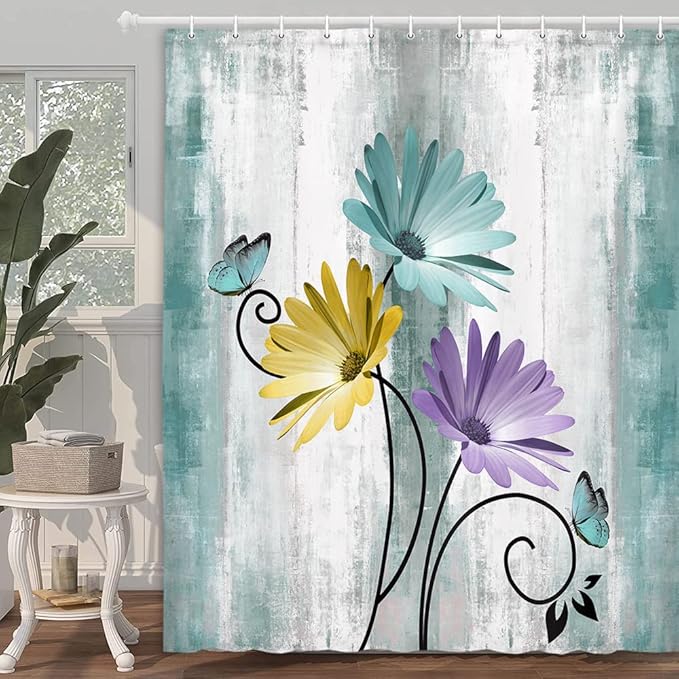 Rustic Farmhouse Shower Curtain, Farm Teal Daisy Floral Flowers and Butterfly on Country Wooden Shower Curtain for Bathroom, Turquoise Blue Bathroom Shower Curtains with 12PCS Hooks, 70X75IN