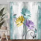 Happy Campers Rustic Farmhouse Shower Curtain, Farm Teal Daisy Floral Flowers on Country Wooden Travel Trailer Camping Stall Shower Curtain for Bathroom, Turquoise Blue Bathroom Decor Hooks, 47X64IN