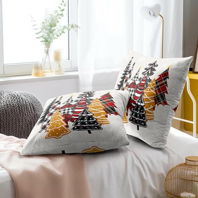 Christmas Throw Pillow Covers 16x16, Gingerbread Buffalo Plaid Xmas Trees Decorative Pillow Cases Soft Cotton Square Cushion Cover for Bed Sofa Car Winter Holiday Decor Set of 2