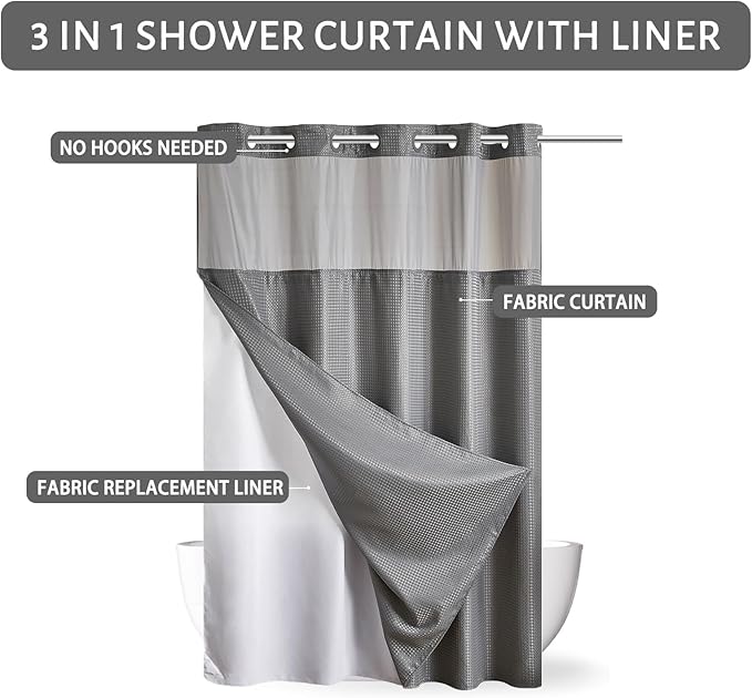 Furlinic No Hook Shower Curtain with Snap in Fabric Liner Set,Waffle Weave Heavy Duty Bathroom Curtain with See Through Window,Waterproof & Machine Washable,Hotel Style,Light Grey,71x72 Inch