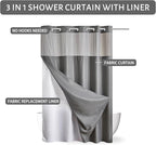 Furlinic No Hook Shower Curtain with Snap in Fabric Liner Set,Waffle Weave Heavy Duty Bathroom Curtain with See Through Window,Waterproof & Machine Washable,Hotel Style,Light Grey,71x72 Inch