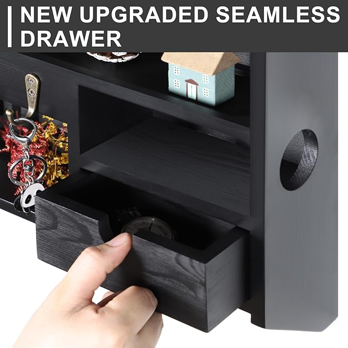 DOPACE Key Holder for Wall, Mail and Key Holder, Mail Organizer Wall Mount with Storage Drawer and 10 Hooks, Easy Installation Keys Holder on Wall, Black