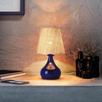 Navy Blue Small Table Lamp, Mini Bedroom Lamps for Bedside Nightstand, Rattan Shade Small Table Lamps for Small Spaces for Kitchen Counter, Bookshelf, Home Office, Living Room, Dorm