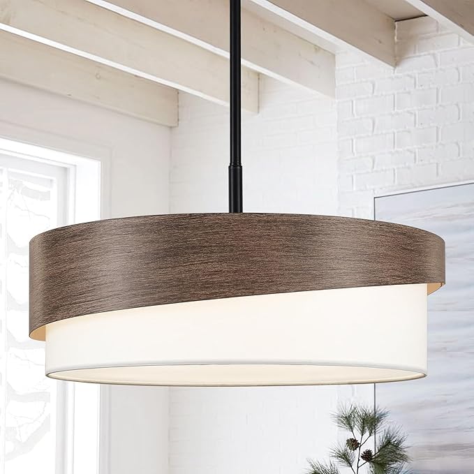 21.5'' Farmhouse Chandeliers for Dining Room Light Fixtures 5-Light Wood Grain Finish Drum Chandelier with Fabric Shade Round Rustic Pendant Lighting for Foyer Bedroom Living Room Kitchen，E26