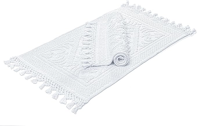 Savi Home Cotton Woven Jacquard Bathroom Rug Set of 2, Woven Fringe Bathroom Mats, 100% Cotton, Non - Slip Bath Mat, Durable Thick Bath Mat 17”x30”& 20"x38" with Fringes, White