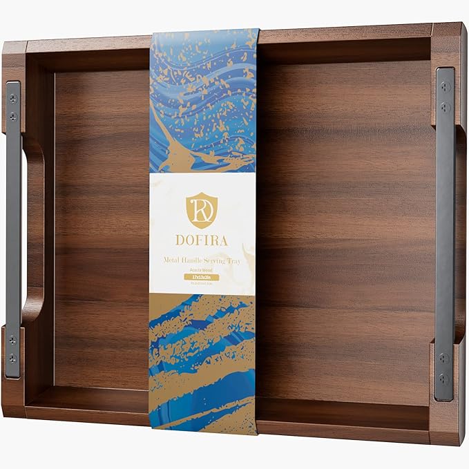 Acacia Wood Serving Tray with Metal Handles, 17x13in Food Drinks Tray for Coffee Table, Breakfast, Dinner & Bar, Rustic Decorative Storage Tray for Ottoman, Kitchen, Bedroom Gift Packaging